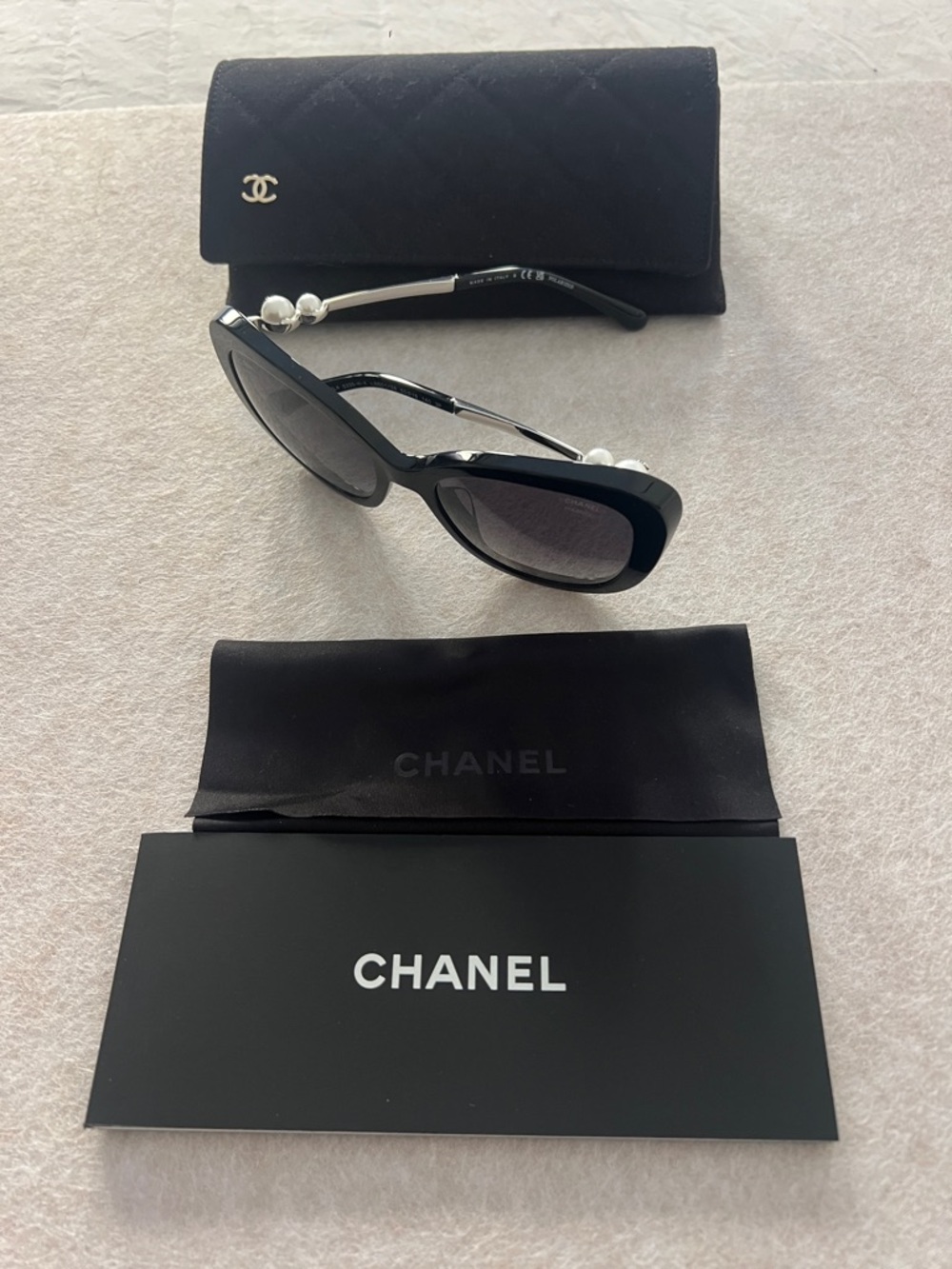 Chanel Black Square Sunglasses with Pearl Detail
